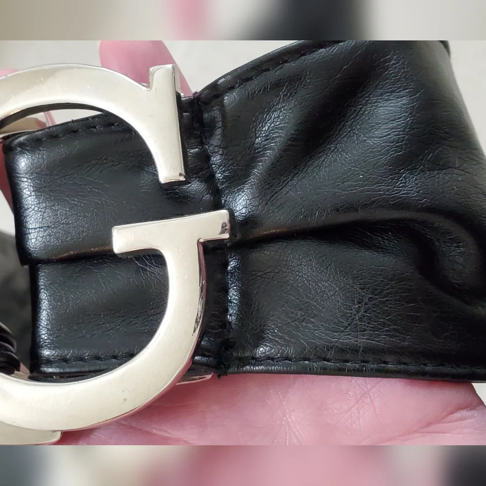 Soft Black Vegan Leather Sash Belt, Double Ring/Letter G Buckle, Medium, EUC